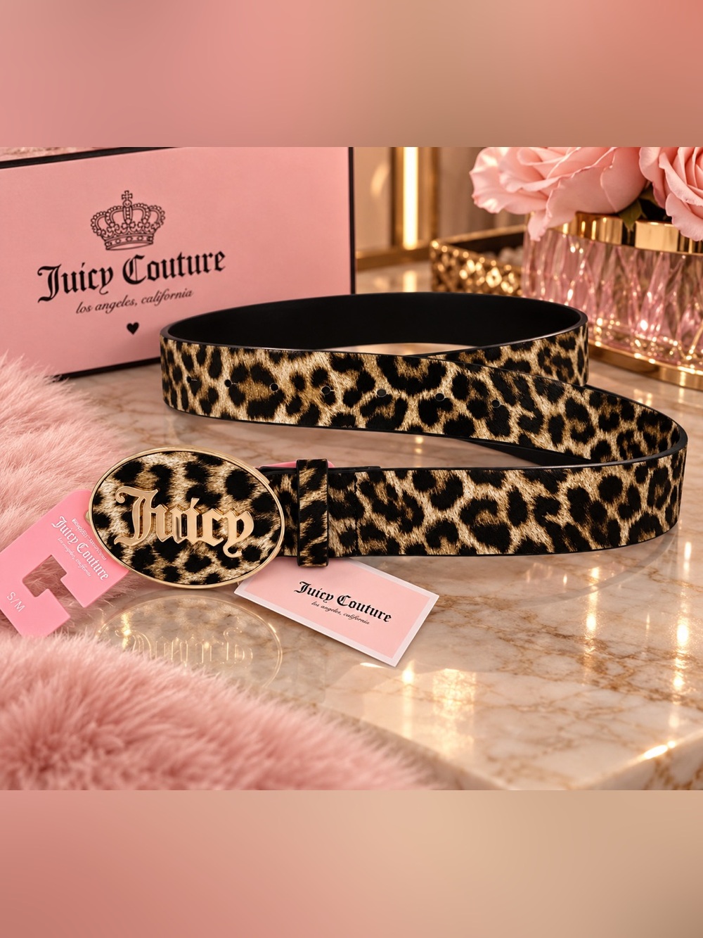 Juicy Couture Leopard Print Belt Gold Logo Buckle S/M 41” Y2K